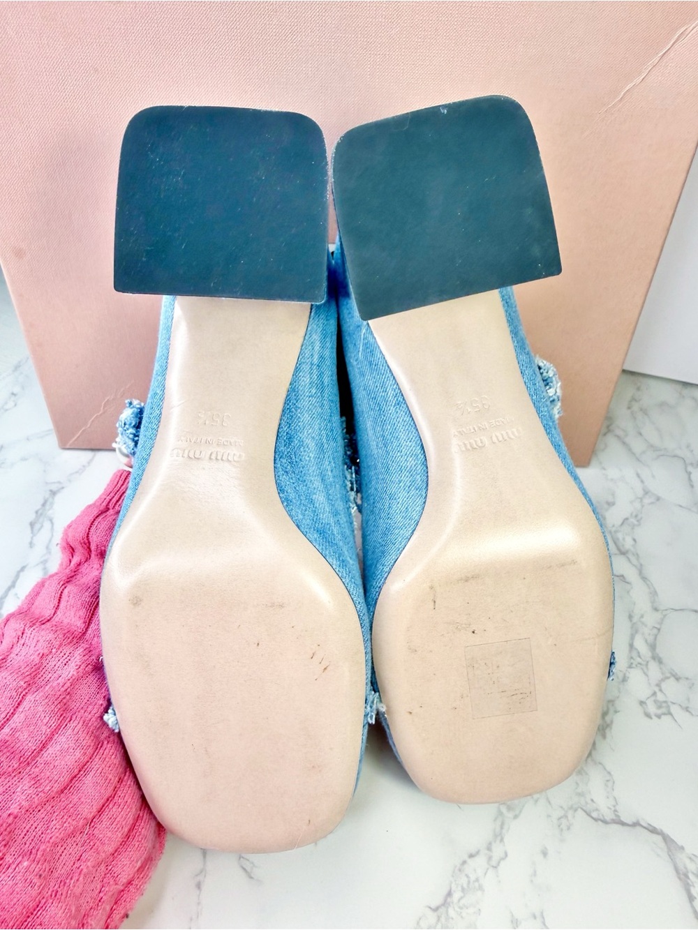 Miu Miu Decollette Denim Mary Jane Block Heels with Pearl Chain - Picture 6 of 15